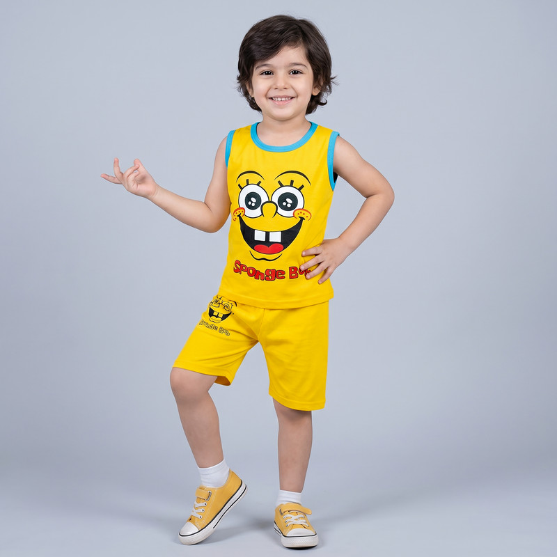 ست تاپ و شلوارک راحتی پسرانه مدل Sponge Bab کد A210