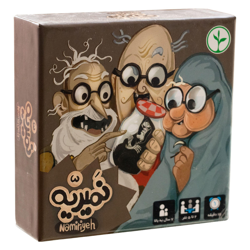 بازی فکری کارتی نمیریه رقابتی، مناسب 7 سال به بالا، تعداد بازیکن 2 تا 5 نفر، درجه سختی آسان، مدت زمان کمتر از 30 دقیقه، شامل 55 کارت مقوایی و راهنمای بازی