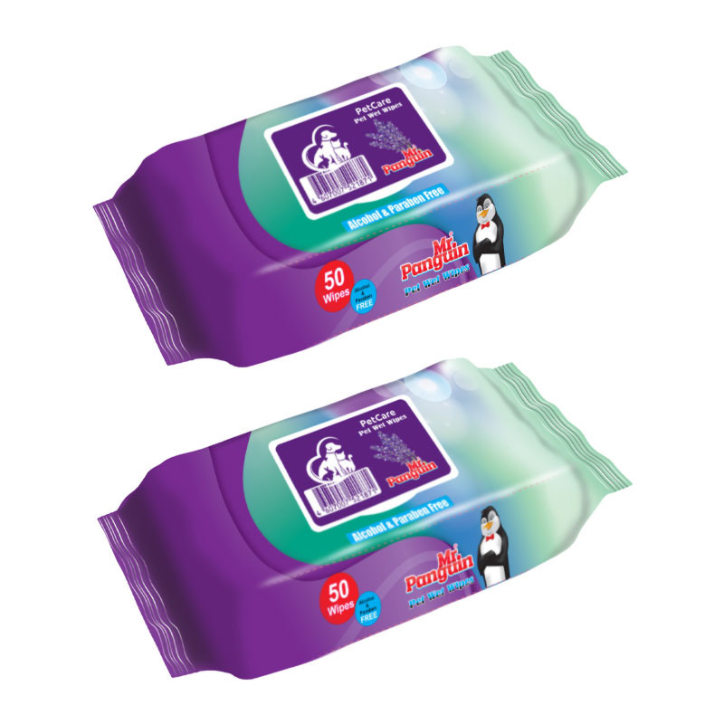 دستمال مرطوب حیوانات خانگی مستر پنگوئن مدل Lavender وزن 300 گرم بسته 2 عددی