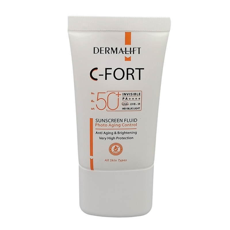 فلوئید ضد آفتاب بی رنگ درمالیفت SPF 50 مدل C-Fort ‌محافظ UVA ،UVB و PA++++، حاوی ویتامین C، ضد پیری، مناسب انواع پوست‌ حجم 40 میلی‌لیتر