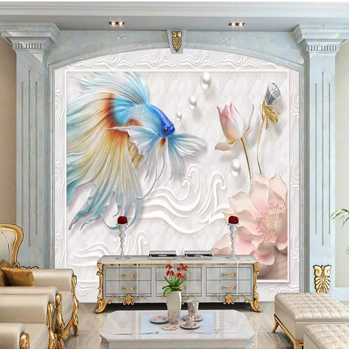پوستر دیواری سه بعدی مدل گل گچی صورتی ماهی آبی DRVF1245